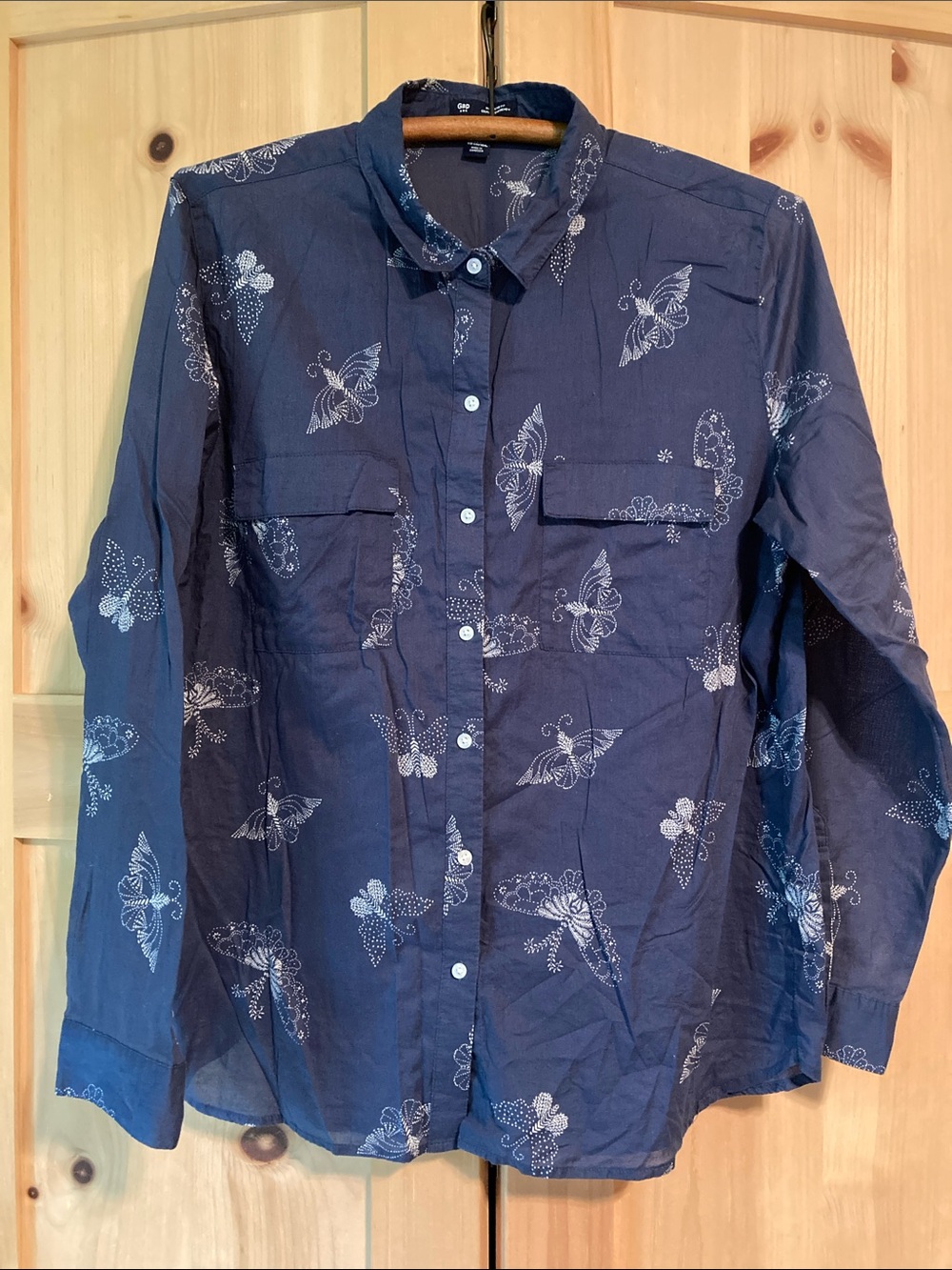 GAP Boyfriend Fit Navy Button-Down Shirt with White Butterfly Print